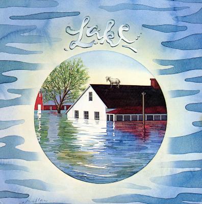 Album Covers depicts: Circular vignette of a farmhouse, barn, and tree halfway underwater with a goat standing on the roof of the farmhouse. The band's title is written with a water texture.