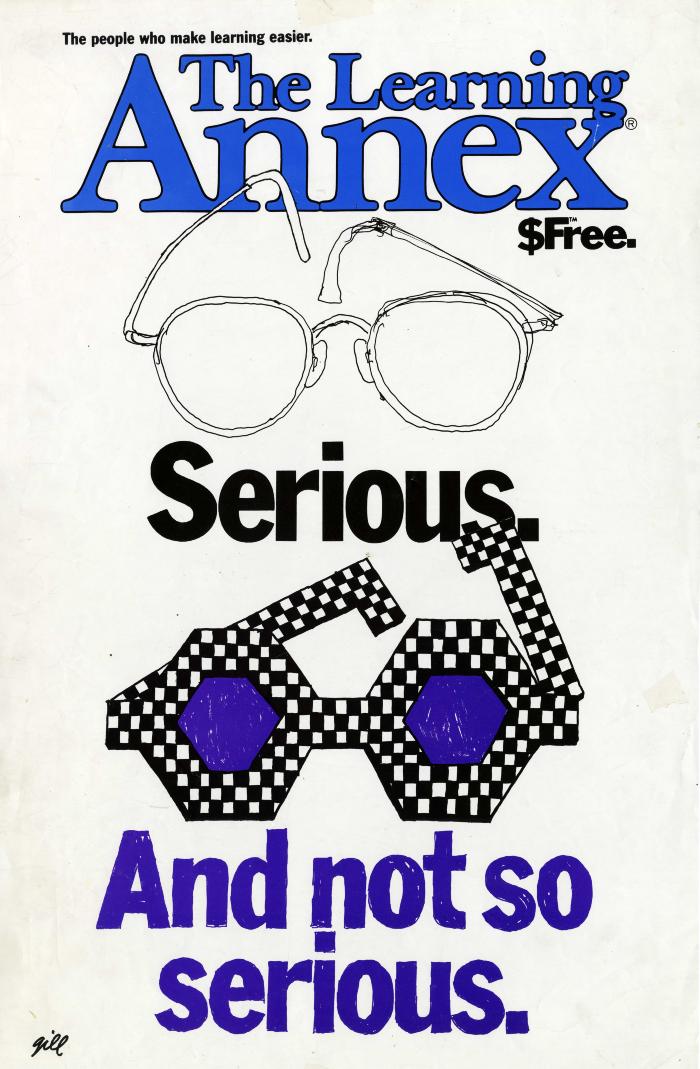 Posters depicts: one pair of unremarkable eyeglasses and another pair of checkerboard glasses with purple lenses