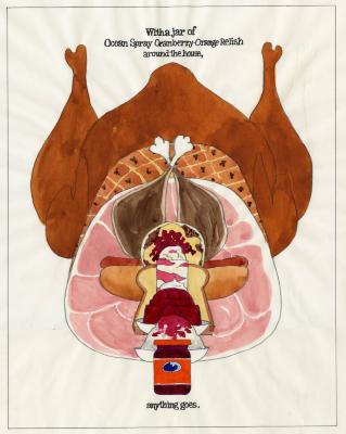 Original Art, Advertisements depicts: watercolor sketch with turkey, ham, hotdog, and jello modl with cranberry relish