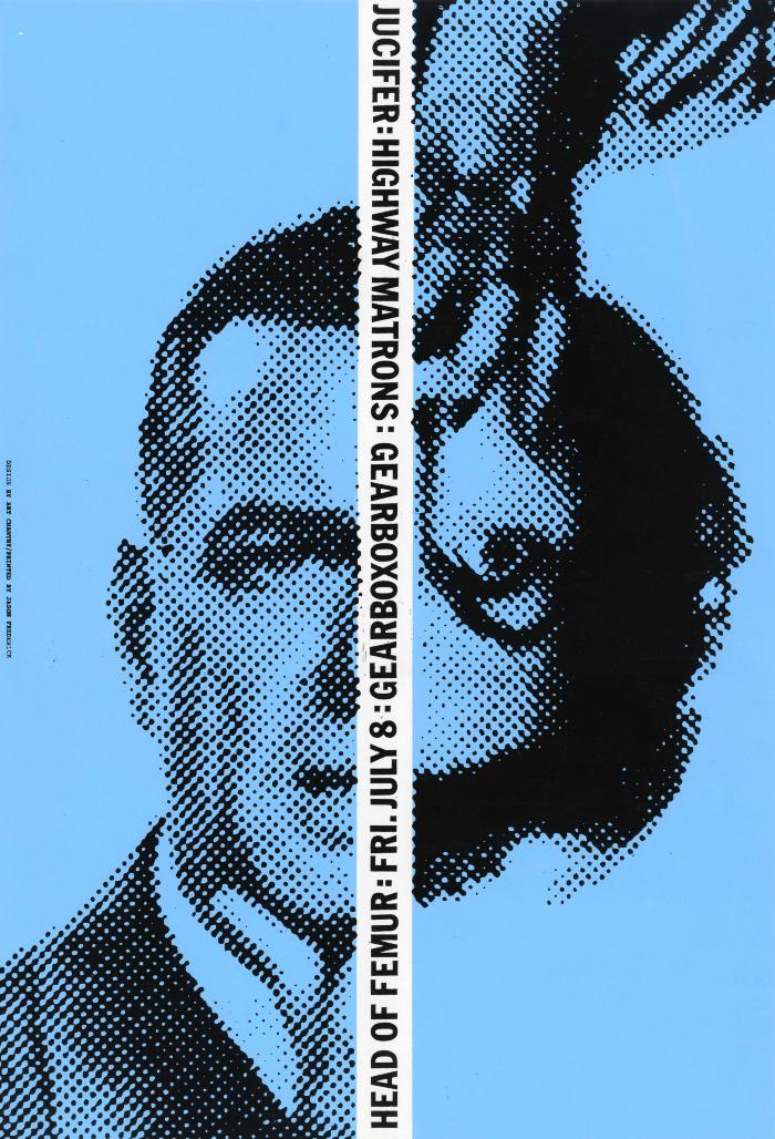 Prints depicts: Half the face of a man, half the face of a woman printed in black on blue paper. The woman's face is upside down and the has a hand over her mouth 