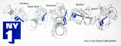 Posters depicts: Five hand drawn video cameras each representing a borough of New York City