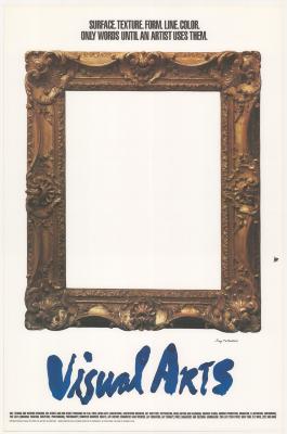 Posters depicts: Photograph of an empty, ornate gold picture frame against a white background. Text is in blue brushwork.