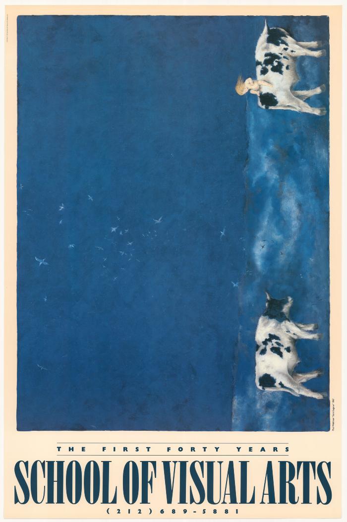 Posters depicts: A primarily blue, horizontal painting placed vertically; two cows, one of which is carrying a human child and a flock of birds in the background are visible.