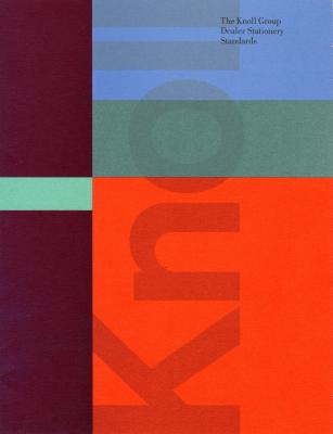 Graphic Standards Manuals, Logos and identities depicts: Brochure with two columns of different colors of rectangles. The left column is thinner with two long plum rectangles and a light blue rectangle in the middle, with the right column having 3 rectangles of blue, teal, and red with "KNOLL" written in translucent letters along the side and text in the upper right corner.