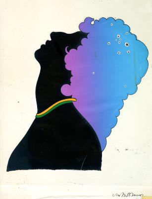 Original Art, Serial Publications depicts: Streisand profile in black with flowing hombre blue to purple hair.