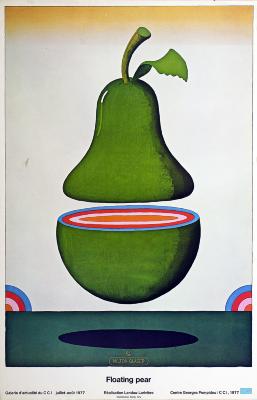 Posters depicts: large green pear hovering over the ground, bisected in half.