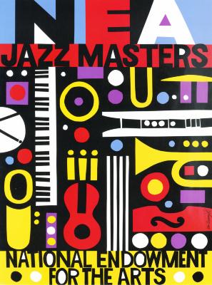 Letterheads/Stationery depicts: Graphic collage style with jazz imagery in bright red, yellow, purple, blue, and black colors. Text on very top and very bottom.