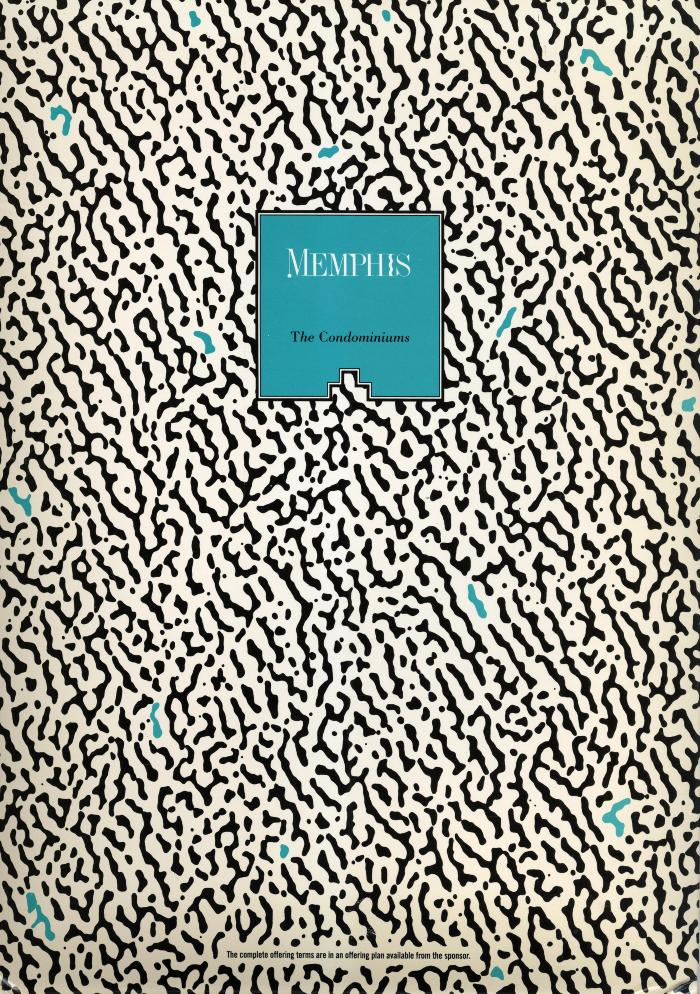 Booklet/Brochure depicts: Black and white abstract pattern with a blue box in the top center