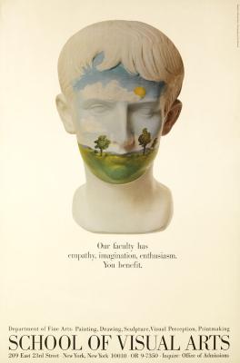 Posters depicts: Bust of man's head painted with a landscape on his face