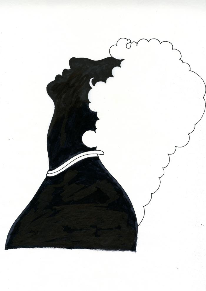 Original Art, Serial Publications depicts: Streisand profile in black and white with flowing curly hair.