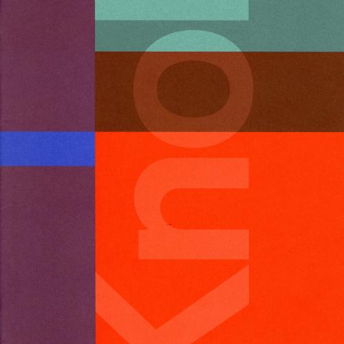 Graphic Standards Manuals, Logos and identities depicts: Brochure with two columns of different colors of rectangles. The left column is thinner with two long plum rectangles and a blue rectangle in the middle, with the right column having 3 rectangles of teal, brown, and red with "KNOLL" written in translucent letters along the side and text in the upper right corner.