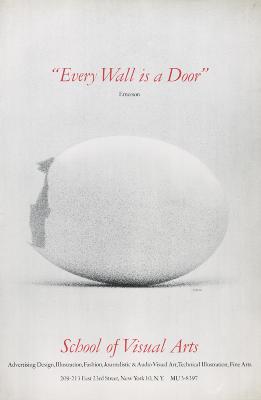 Posters depicts: Delicate black and white photo of an egg cracked at one end, with red text against a white background.
