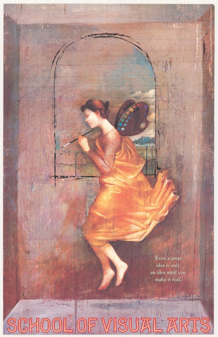 Posters depicts: Painting of a female angel in a yellow dress, with paint palettes for wings, painting an arched window in an empty room.