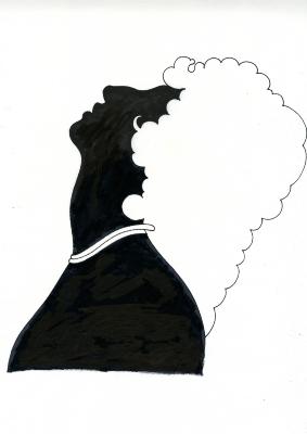 Original Art, Serial Publications depicts: Streisand profile in black and white with flowing curly hair.