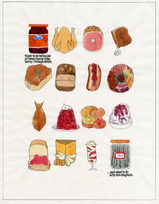 Original Art, Advertisements depicts: watercolor sketch of foods including turkey, ham, fish, hotdog, being served with cranberry relish.