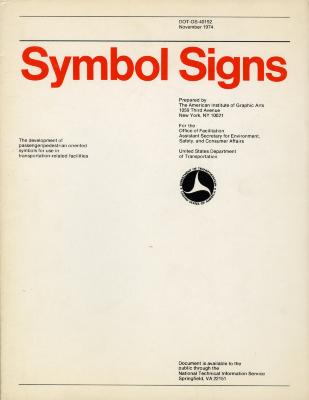 Graphic Standards Manuals depicts: Off white with text on the middle left, middle right, upper right, and lower right, and the US Department of Transportation stamp in the middle right. The title is in the upper middle in large red letters.