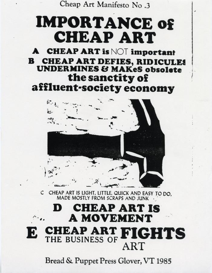 Prints, Flyers depicts: Text about the importance of cheap art, with a rough silhouette print of a hammer 