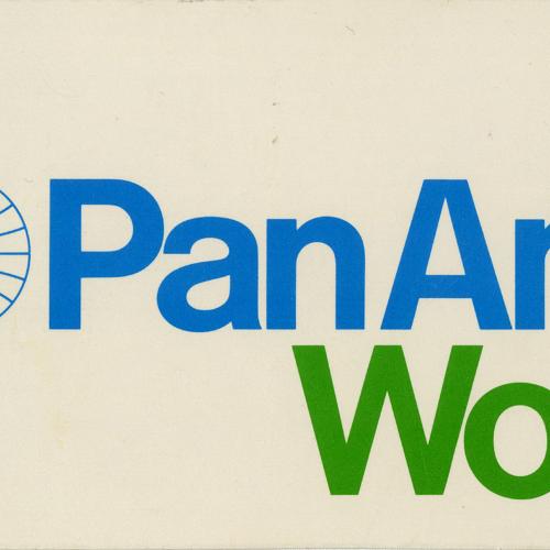 White luggage tag with green stripe on the left side. The text reads "Pan Am's World" with  "Pan Am's" in blue and "World" in green with a circle outlined in blue with blue lines running through it on the left side of the text.