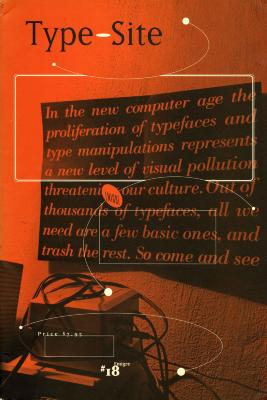 Serial Publications depicts: A small boxy machine with cords stacked messily on it sits in the corner, above is a poster of text about the importance of font. The image is entirely black and orange 