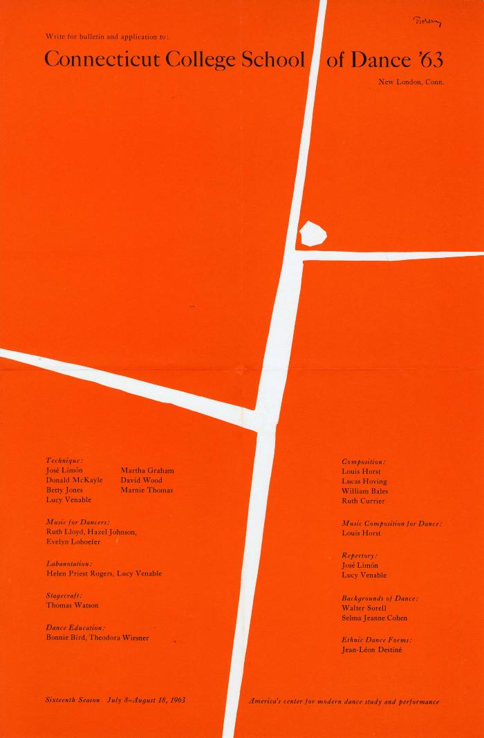Posters depicts: Cut out figure in the shape of an abstract dancer with an outstretched leg and arms.