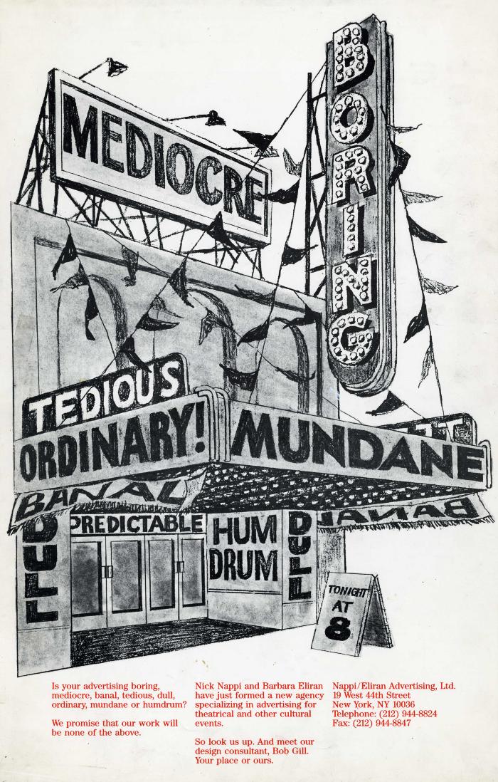 Posters depicts: theater surrounded by words on billboards that mean boring