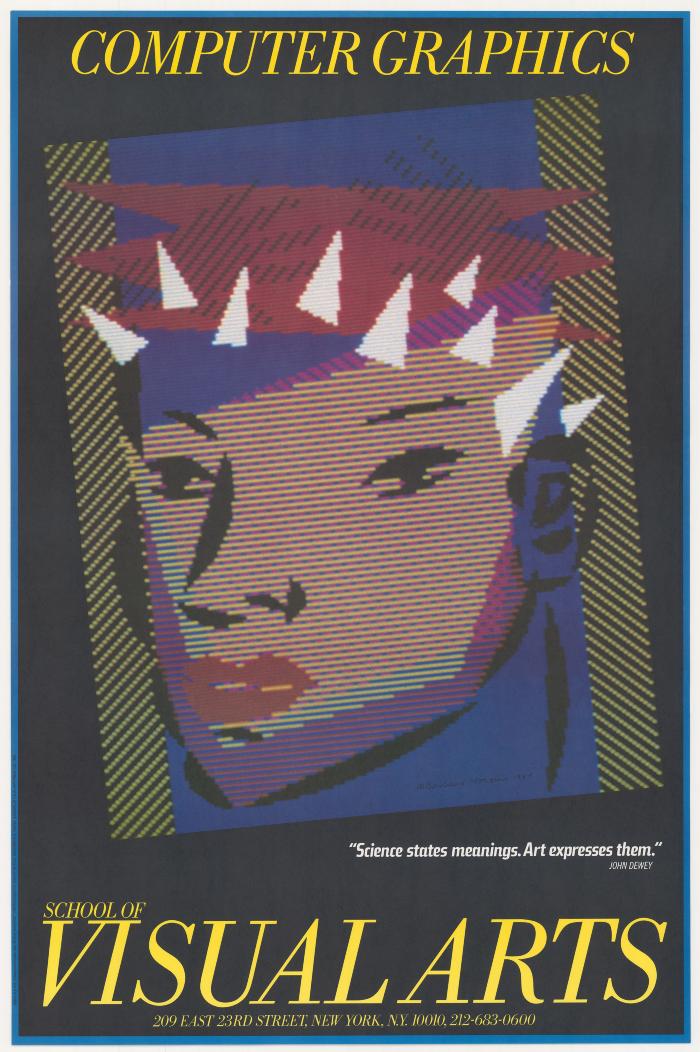 Posters depicts: Geometric, colorful depiction of a woman's face done using computer graphics against a black background.