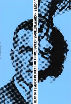 Prints depicts: Half the face of a man, half the face of a woman printed in black on blue paper. The woman's face is upside down and the has a hand over her mouth 