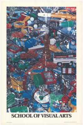 Posters depicts: Photorealist painting of a set of glass shelves filled with plastic toys (mostly red, blue, orange, and white).
