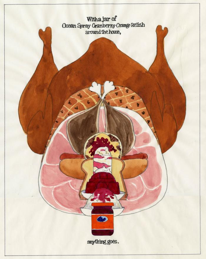 Original Art, Advertisements depicts: watercolor sketch with turkey, ham, hotdog, and jello modl with cranberry relish