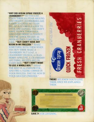 Original Art, Advertisements depicts: mock-up of advertisement with ocean spray label, a women eating cake, and pasted on advertising text.