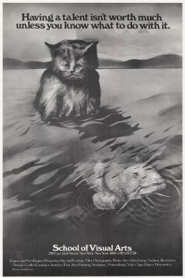Posters depicts: Black and white illustration of cat sitting in water as a large fish swims away.