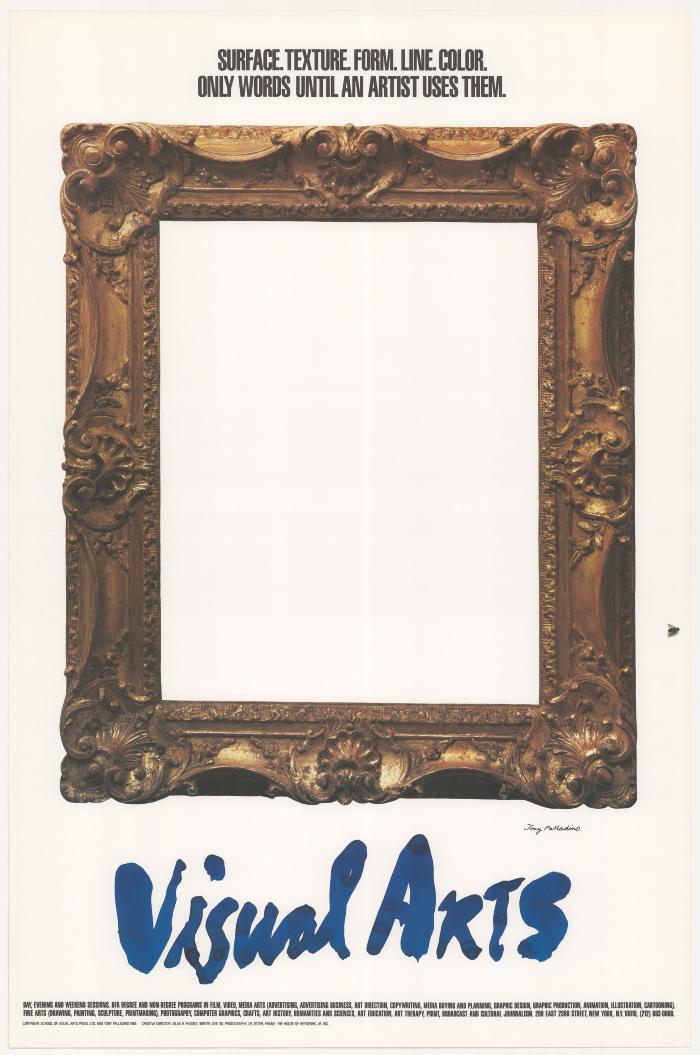 Posters depicts: Photograph of an empty, ornate gold picture frame against a white background. Text is in blue brushwork.