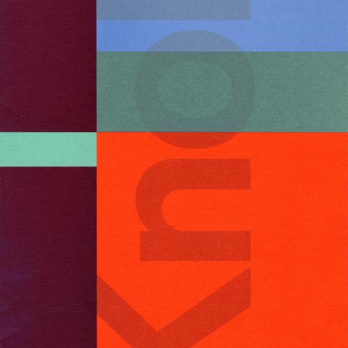 Graphic Standards Manuals, Logos and identities depicts: Brochure with two columns of different colors of rectangles. The left column is thinner with two long plum rectangles and a light blue rectangle in the middle, with the right column having 3 rectangles of blue, teal, and red with "KNOLL" written in translucent letters along the side and text in the upper right corner.