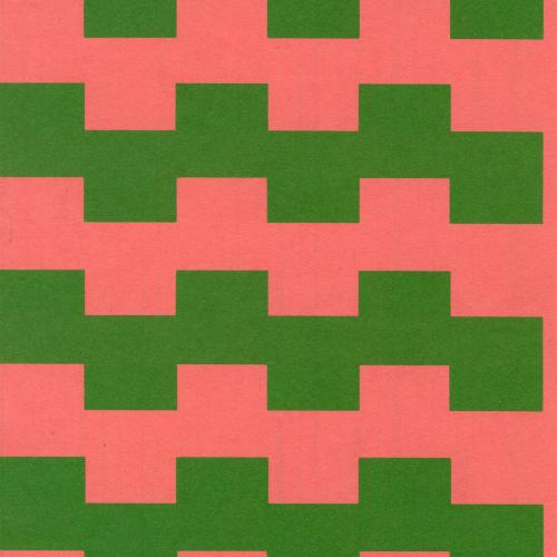 Booklet/Brochure depicts: Portrait pink and green pattern of square-shaped squiggles with text on the bottom right.