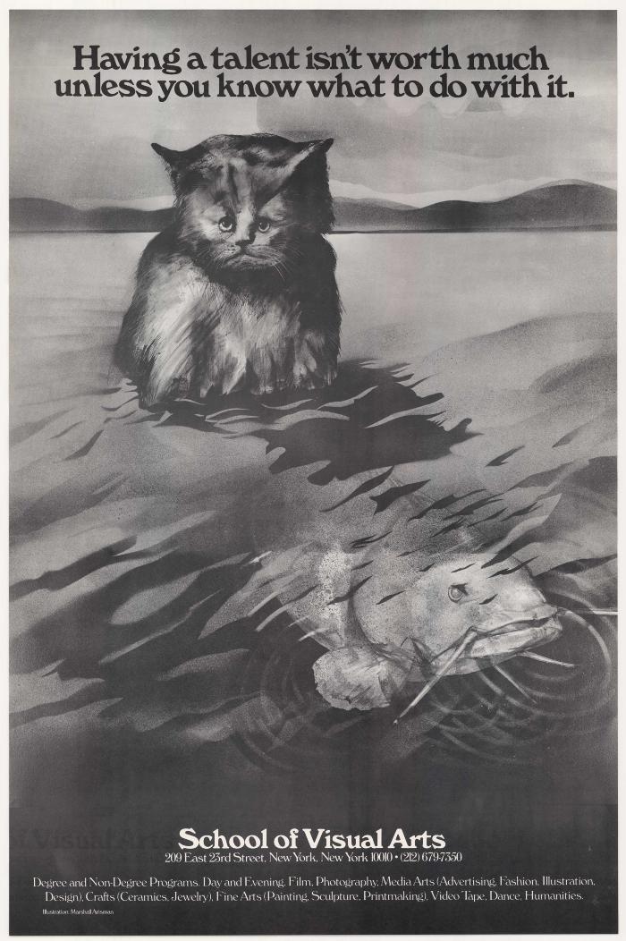 Posters depicts: Black and white illustration of cat sitting in water as a large fish swims away.