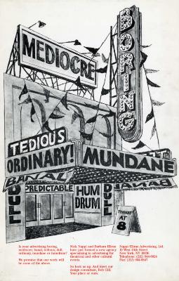 Posters depicts: theater surrounded by words on billboards that mean boring