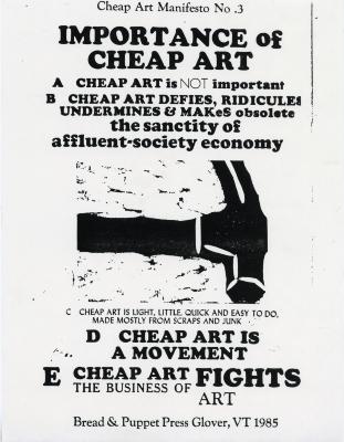 Prints, Flyers depicts: Text about the importance of cheap art, with a rough silhouette print of a hammer 