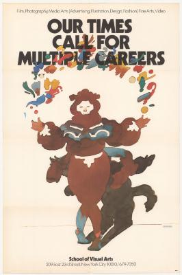 Posters depicts: Watercolor illustration against a white background of a juggler in an elaborate brown costume juggling various colorful objects.