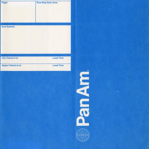 Blue ticket envelope with one side having three white boxes to put information in and the other side saying "Pan Am" with the logo going vertically.