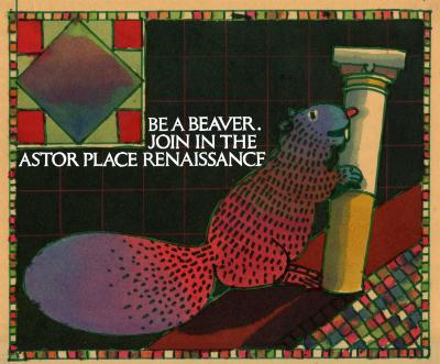 Original Art, Posters depicts: colorful beaver gnawing on a column with Astor Place subway station tiles