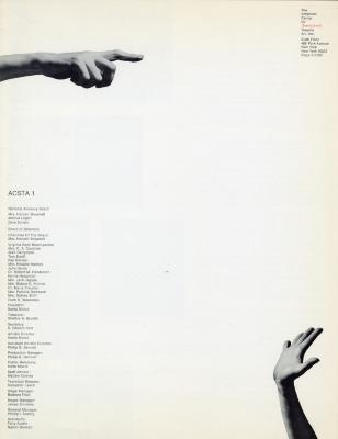 Booklet/Brochure depicts: White background with a black and white photograph of a right hand pointing to the right in the upper left of the image, and another black and white hand with its palm up facing the upper left corner in the lower right corner. There is black text in the lower left and upper right of the image.