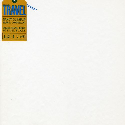 Letterheads/Stationery depicts: White background with an orange travel tag with blue text and a blue string in the upper left corner.