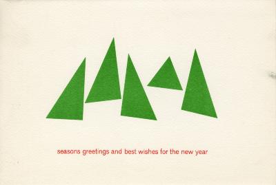 Cards depicts: White background with five green triangles of varying shape and size made to look like trees in the center. There is small red font below.