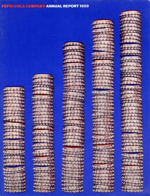 Annual Reports and Corporate Communications depicts: Blue background with five stacks of bottle caps getting progressively taller from left to right. Red and white text in the upper left corner.