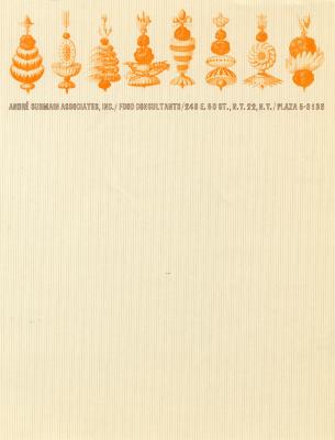 Letterheads/Stationery depicts: cream vertically striped background with 8 kebabs drawn vertically next to each other with decadent food and a different handle on each drawn in orange in the upper part of the image. There is a line of black text below.