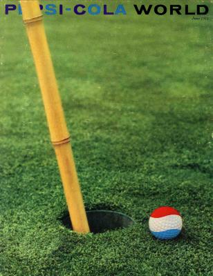 Serial Publications depicts: Close up of a golf hole with a yellow flag pole in it to the left, and a golf ball made to look like the Pepsi logo to the lower right. Black and blue text at the top.