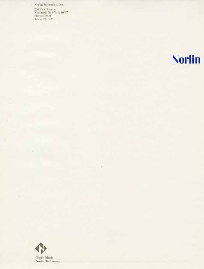 Letterheads/Stationery depicts: Letterhead with text at the top left corner, and a diamond logo with an "N" inside on the bottom left. "Norlin" is written in blue ink on the left middle.