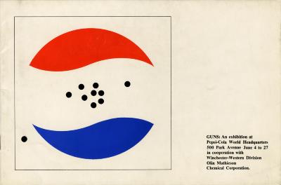 Exhibition Catalogues depicts: White background with black text at the bottom right corner and a black outline of a square with the Pepsi logo inside with black holes in it and one hole just outside the logo on the left side of the image.