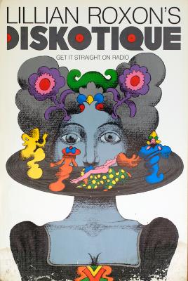 Posters depicts: Woman with psychedelic hair, big eyes and a record revolving around her head. The record has four small psychedelic figures on top. 