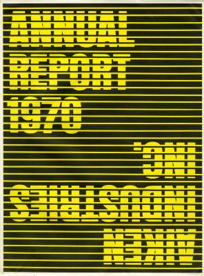 Annual Reports and Corporate Communications depicts: Black and yellow striped background with big yellow text in the upper left corner and lower right corner. The text in the lower right corner is written upside down and backwards.